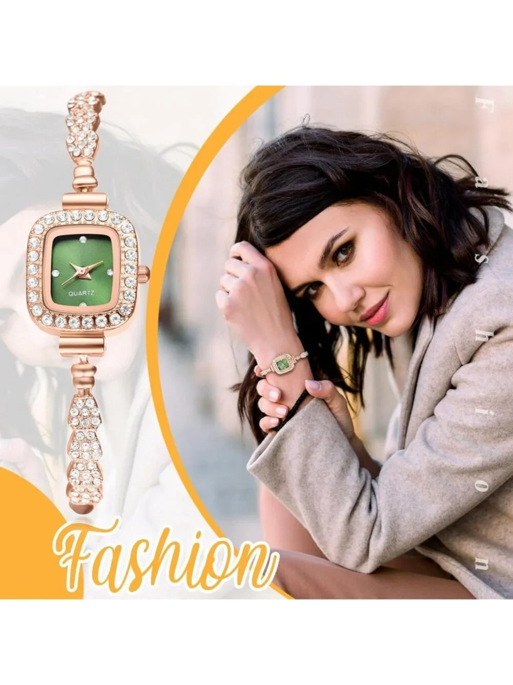 Women Rose Gold Analog Quartz Slim Strap Square Bracelet Rhinestones Wrist Watch